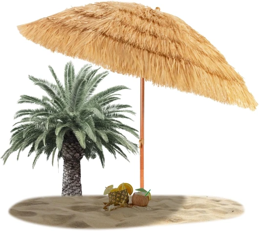 Parasol Plage Hawaïen Inclinable Φ2M, Parasol Paille Tropicale avec 8 Baleines Mât en Fer Bouton d'Ouverture, Parasol Exotique Paille Portable pour Balcon Appartement-Plage-Patio,Naturel