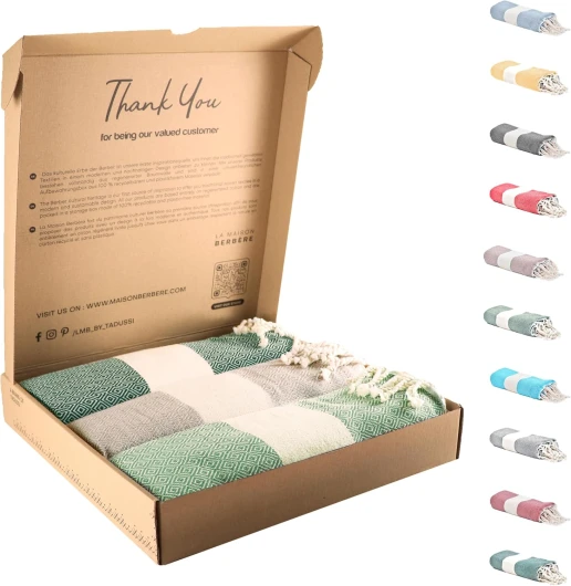 Tadussi ® Fouta Serviettes de Hammam - Lot de 3 Serviettes XXL- Idéales pour Plage Sauna Voyage Spa - pour Homme et Femme - Extra Large 100 x 200 cm - 100% Coton - Vert Menthe, Taupe & Vert Foncé