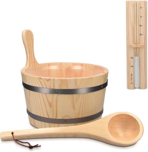 Accessoire de sauna - Set avec seau 5L et louche en bois - Sablier minuteur - Hammam spa sauna - Kit d'accessoires complet en bois de pin