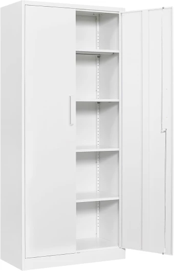 Armoires de Bureau Armoire, Meuble de Rangement Bureau, Armoire à Outils, Étagères Réglables, en Acier, Placard, Doubles Portes, Serrure pour Garage Bureau 170 x 78 x 39 cm Blanc