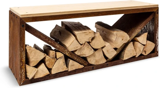 Rangement pour Bois de Chauffage, Banc, pour l'intérieur et l'extérieur, Planche de Bambou, Rectangle - Rouille