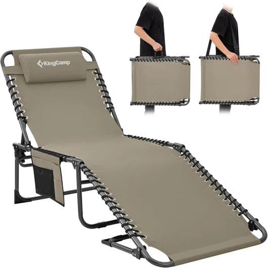 Bain de Soleil Pliants 5 Positions Réglable,Chaise Longue inclinable Pliable,Lit de Camping Pliant avec Oreiller Poche Charge Max 120kg Transat de Relaxation pour Plage Jardin Camping Voyage Bains de soleil Beige