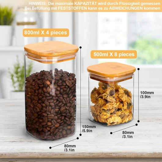 OSORD Bocaux en Verre, 12Pcs Bocaux Rangement Cuisine Pots et Bocaux de Conservation Bocal en Verre et Réutilisable Boite Rangement Cuisine pour Épice Céréales Collations(4 * 800ml + 8 * 500ml)