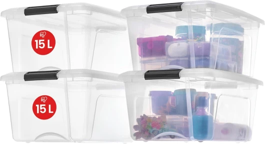 , Boite Rangement Plastique avec Couvercle, 15L, Lot de 4, Transparent, Clips de Fermeture, Poignée, Empilable, Organisation Solide & Durable, pour Chambre, Dressing, Bureau, NTB-15