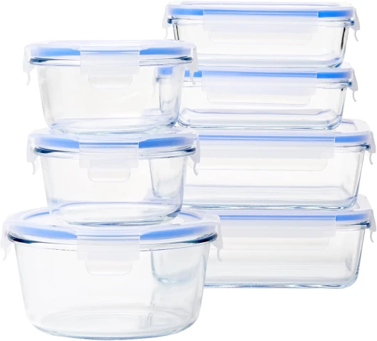 Récipient en Verre avec clips de Fermeture pour Conservation Alimentaire, 14 pièces (7 récipients + 7 couvercles), sans BPA, Transparent,bleu