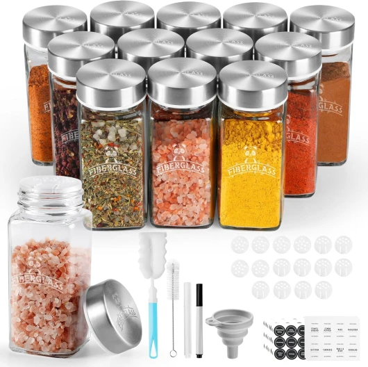 Pots à Épices Carré, 12×120ml Ensemble de bocaux à épices en verre, avec Couvercle en Acier Inoxydable conteneurs de rangement pour épices, Étiquette, Funnel pliable,Brosse à éponge