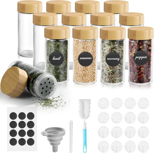 Lot de 12 pot à épices -Bocaux à Épices en Verre bambou Bois a Epices Cuisine Rangement-Sceller Avec couvercle Avec étiquette, stylo, couvercle intérieur (12er Set)