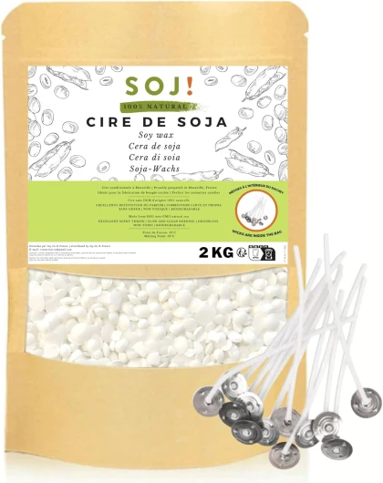 Cire de Soja végétale SANS OGM 100% Naturelle, 1KG/2KG/3KG/20KG, E-BOOK+25 MÈCHES OFFERTES! Fabrication de bougies coulées, Cire pour bougie, Cire de soja pour bougie conditionnée en France 2KG