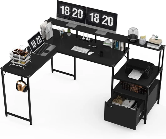 Bureau d'angle 170×120cm, Bureau en L avec Rangement, Bureau d'angle Tiroir avec Prise de Courant et Port de Charge USB, Bureau Informatique avec Support de Moniteur et Étagères, Noir