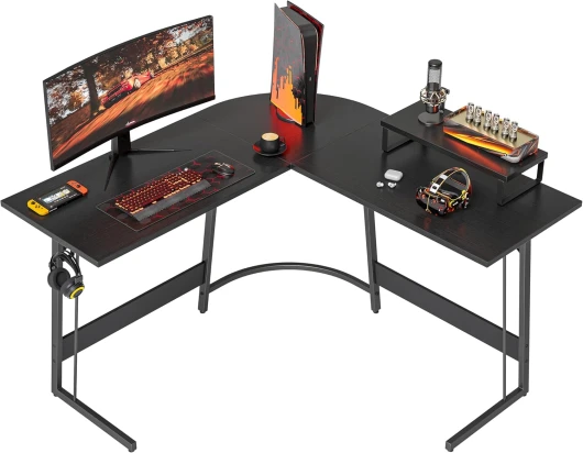 Bureau Gaming Angle 120x120cm, Bureau d'angle avec Support d'écran, Bureau Gamer en Forme de L, Table Gaming pour Jouer, Etudier et Travailler, Noir