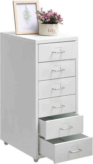 Caisson de Bureau Metal, 6 Tiroirs sous Bureau Organisateur de Classement Roulant, Meuble de Rangement Moderne en Métal avec roulettes pour la Maison et Le Bureau, Blanc