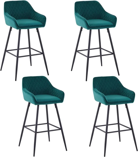 Lot de 4 Tabourets de Bar Verts avec Dossier et Accoudoir Rembourrés, Chaises de Bar en Velours avec Repose-Pieds en Métal pour Bistrots; Salle à Manger, Soirée(Vert, Enesemble 4)