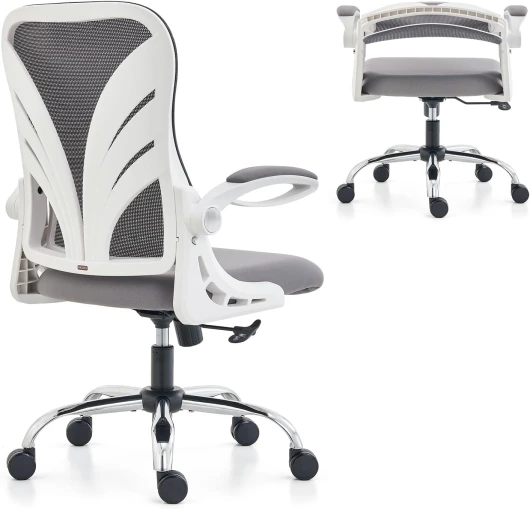 Chaise de Bureau avec Dossier Pliable, Fauteuil Ergonomique pour Ordinateur avec Assise élargie (52 cm), Accoudoirs Pliables et Support Lombaire en Maille Siège de Bureau, Blanc