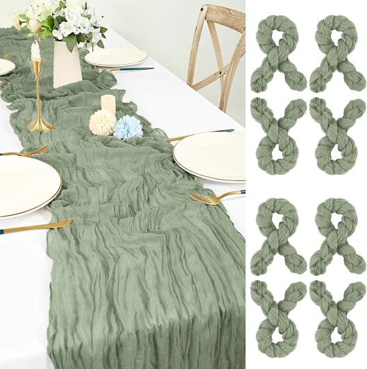 Lot de 8 Chemin de Table en étamine Vert Sauge, 55x300cm Lavable Tissu Chemin de Table Boho pour Mariage Romantique Douche Nuptiale Candlelight Dinner Translucide Gaze Décoration de Table Vert Sauge 8 pièces - 55x300cm