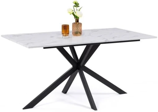 Table à Manger Rectangle Alix 8 Personnes Pied araignée Noir et Plateau Effet marbre Blanc Alaska 160 cm