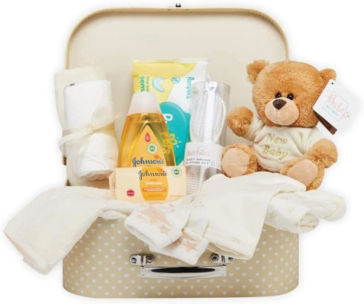 Coffret Cadeau pour Bébé – Panier Neutre Rempli de Produits pour Bébé dans une Boîte Souvenir Crème