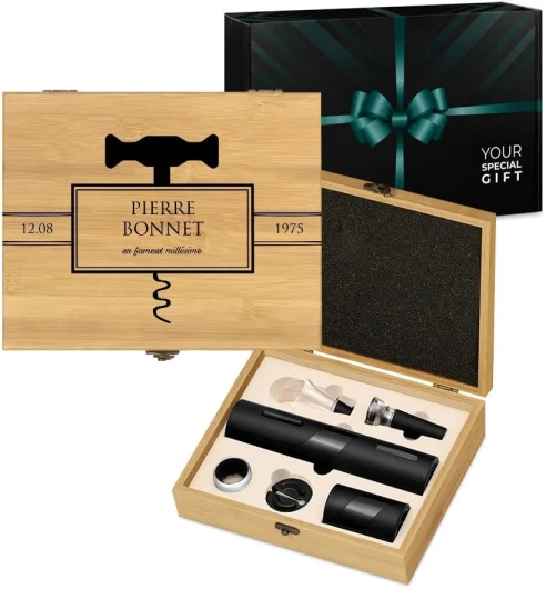 Coffret du sommelier imprimé - Accessoires pour le vin - Set sommelier personnalisé pour homme - Tire-bouchon automatique pour connoisseur - Pour anniversaire - MILLÉSIME