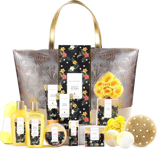 Coffret Cadeau Femme - 15pcs Coffret de Bain,Parfum Tropical avec le Beurre de Karité, Boules de Bain, Idée Cadeau pour l'Anniversaire et des Fêtes Cadeau Fete des Meres, Cadeau Noël