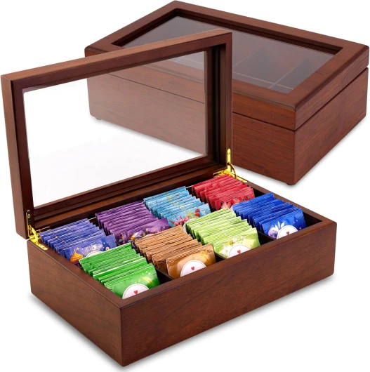 Boîte à thé – Luxueux Coffret à thé en Bois de la Collection Premium Coffret pour sachets de thé à – Fait Main et avec Une Lucarne résistante aux Rayures (Walnut 8-Compartment)