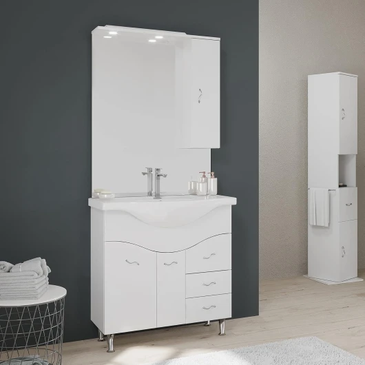 Kiamami Valentina Meuble de Salle de Bains de 85 cm au Sol avec lavabo, Miroir et Armoire Suspendue Blanche.