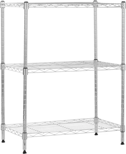 Étagère à 3 tablettes étroites réglables en hauteur avec pieds de nivellement, charge max - 453 kg, Chromé, 76.2 x 34 x 58.9 cm (l x L x H)