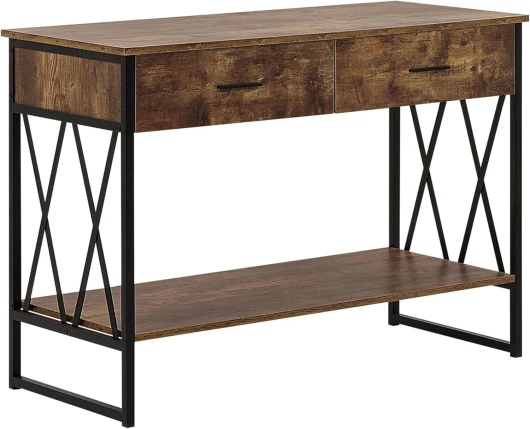 Table Console Effet Bois Foncé et Métal Noir avec 2 Tiroirs et une Etagère de Design Industriel pour Intérieur Moderne ou Minimaliste Beliani