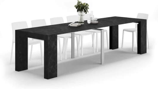 , Table Console Extensible Angelica, 45(305) x90 cm, Noir Béton, pour 12 Personnes, Console Extensible pour Salle à Manger et entrée, Made in Italy