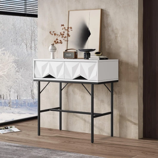 LERFAN Console moderne et élégante avec design creux géométrique et tiroir tridimensionnel, pour entrée et salon, 80 x 40 x 80 cm (l x P x H) - Blanc + noir