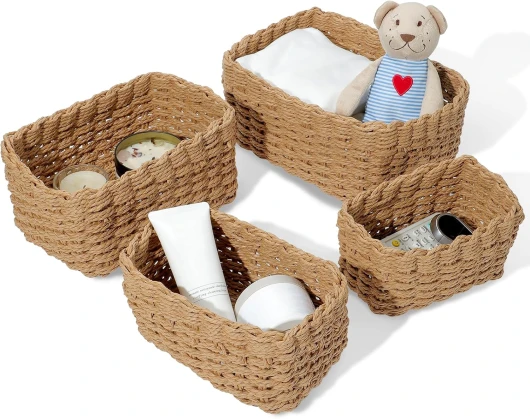 HDRNT Panier Osier Rangement, Salle de Bain Corbeille Enfant Jaune en Papier Bio Écologique Lot de 4 pour Jouets,Câble de charge,Décor Maison,CD, Cosmétique,Langes Coton