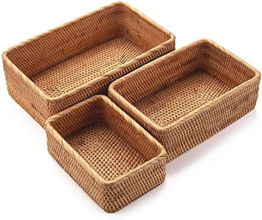 Panier de Rangement Rectangulaire en Rotin, Corbeille de Fruits en Osier, Organisateur Tressé Naturel pour Cuisine/Salle à Manger (lot de 3)