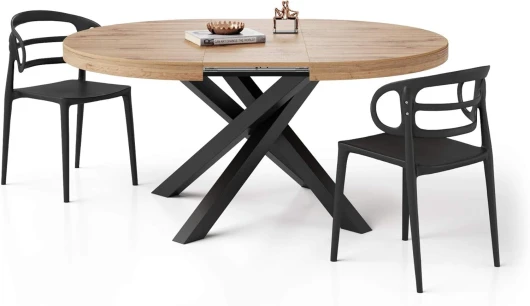 , Table Ronde Extensible Emma, 120-160 cm, Bois Rustique, avec Pieds Noirs croisés, pour 4-6 Personnes, Table Extensible pour Cuisine, Salon, Made in Italy 120 cm x 120 cm x 74 cm Bois Rustique avec Pieds Noir