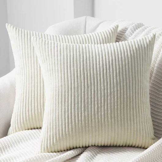 Housse Coussin 40x40 Decoratif en Velours Côtelé avec Fermeture Eclair Caché Taie Oreiller Super Doux pour Décoration Coussin Canape Salon Jardin Fauteuil Lit, Beige Blanc, Lot de 2