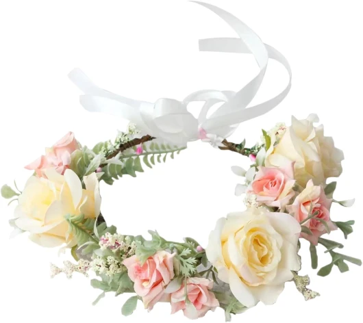 Geoyien Couronne Fleur Cheveux, Couronne Florale Réglable, Guirlande de Fleurs, Couronne Florale, Bandeau de Fleurs de Roses, Fleur Bohème de Mariage avec Ruban pour Femmes et Filles (1 Pièce)