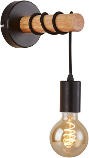 Applique Murale Intérieur Rétro Lampe Murale Moderne E27 Luminaire avec Support en Bois Suspension Applique pour Chambre Salon Couloir Escaliers.(sans ampoules) (Noir)