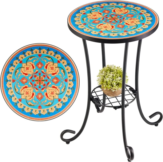 Table d'Appoint en Mosaïque Support de Plantes Plateau en Céramique 35,5×55cm Décoration de Patio Porche Terrasse Jardin pour Intérieur Extérieur avec Etagère Salon Rouge Jaune Bleu