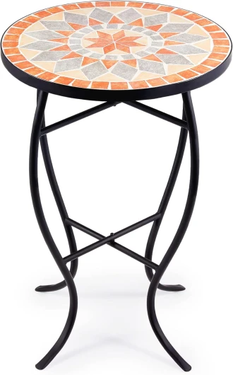 Table de Jardin de Style Mosaïque, Table de Jardin Ronde, Table d'Appoint en Mosaïque de Pierre de Dia - de 35,5CM (Orange, Beige et Gris)