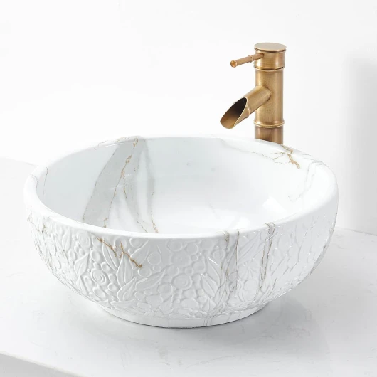 NATURFLAIR Lavabo en céramique de salle de bain FCH8068 Rond 420 x 160 mm Fait à la main Jazz White Marbré…