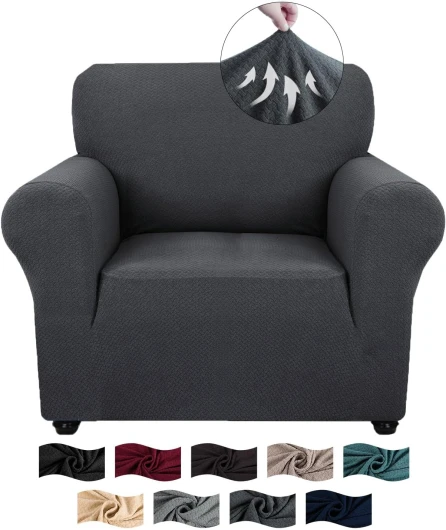 Housse Fauteuil 1 Place avec Accoudoirs, Jacquard Housse Canape Extensible, Universelle Sofa Cover Antidérapante, Couvre Canapé pour Chiens Et Chats Animaux, Lavable, Gris Foncé