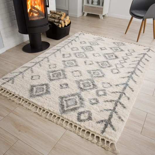 Versay Fringes Tapis Shaggy Poils Longs à Franges Tressées Moderne Crème Gris Ethnique Tapis Salon Chambre Adulte Enfant Moelleux Epais Oeko-TEX 80 x 200 cm