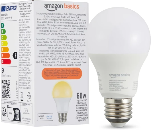 Lot de 1 ampoule LED intelligente A60 à intensité variable, E27, Wi-Fi 2,4 GHz, 8.5 W Fonctionne uniquement avec Alexa, Blanc Doux