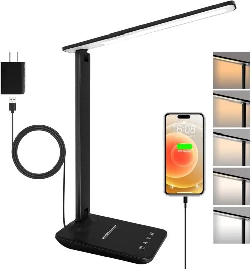 Joyshie Lampe de Bureau LED avec Adaptateur, Pliable Lampe de Chevet Dimmable avec 5 Modes de Couleur et 5 Niveaux de Luminosité, Port de Charge USB, Pour Lecture Travail (Noir)