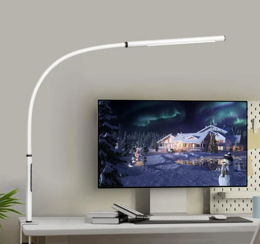 EYOCEAN Lampe de Bureau LED, Lampes de Table, Lampe d'Architecte Protection des Yeux, Atténuation et Température de Couleur Réglable, Lampe de Travail à Pince avec Fonction Mémoire et Minuterie, 12W